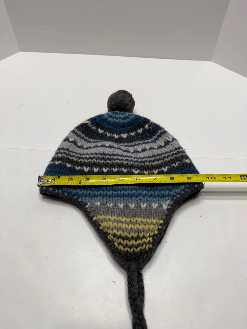 American Eagle Outfitters Blue, Gray, White & Yellow Striped Knit Earflap Hat